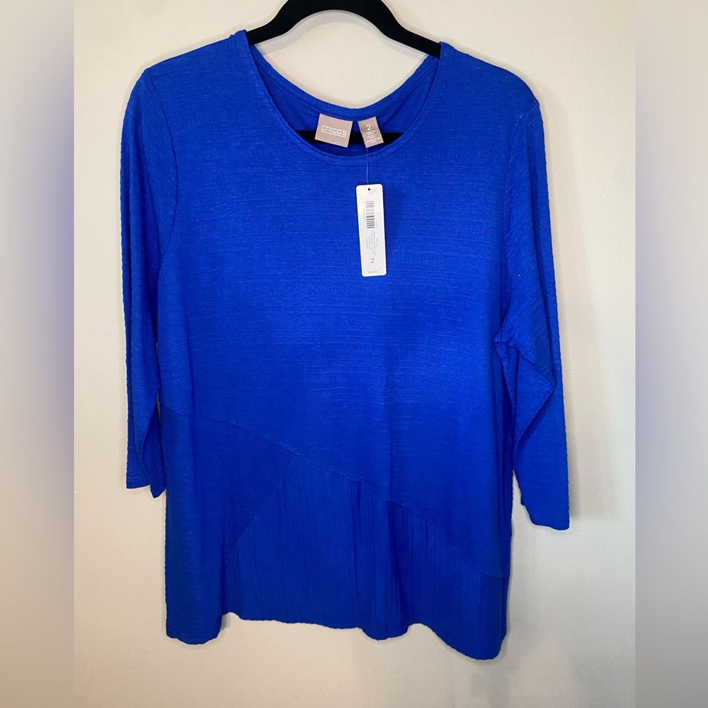 NWT Chicos summer textured tunic top. 3/4 sleeve, enamel blue size 2